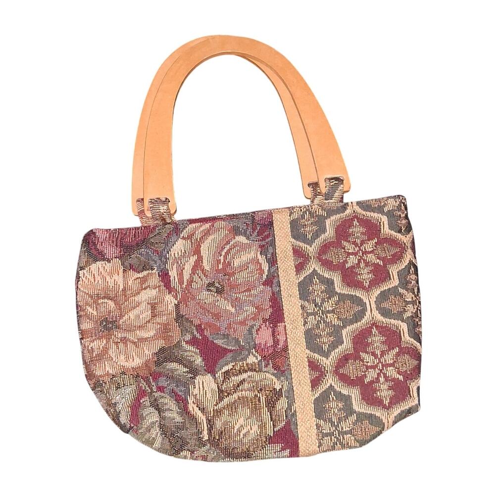 Eucalyptus Tapestry Floral Pattern Wooden Handle Purse Vintage Bag Snap Closure
